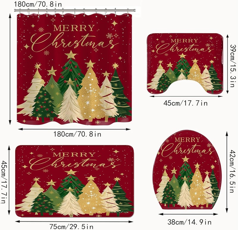 Apear1 4Pcs Merry Christmas Shower Curtain Set Xmas Tree Snowflake Shower Curtain for Christmas Bathroom Decor with Anti-Slip Waterproof Bathtub Bathroom Rugs Toilet Lid Cover (Red) - Image 2